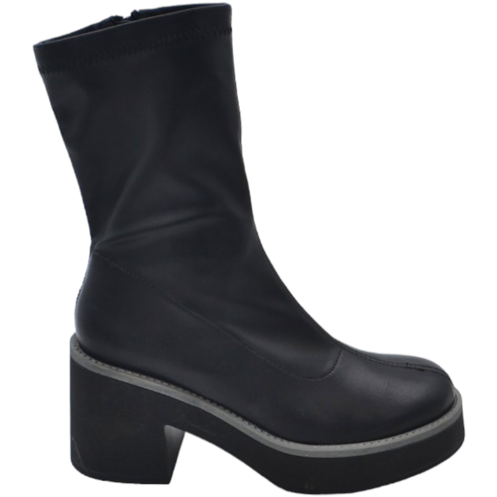 Tronchetti platdorm donna nero opaco a punta tonda tacco comodo doppio 5cm con plateau effetto calzino zip moda 