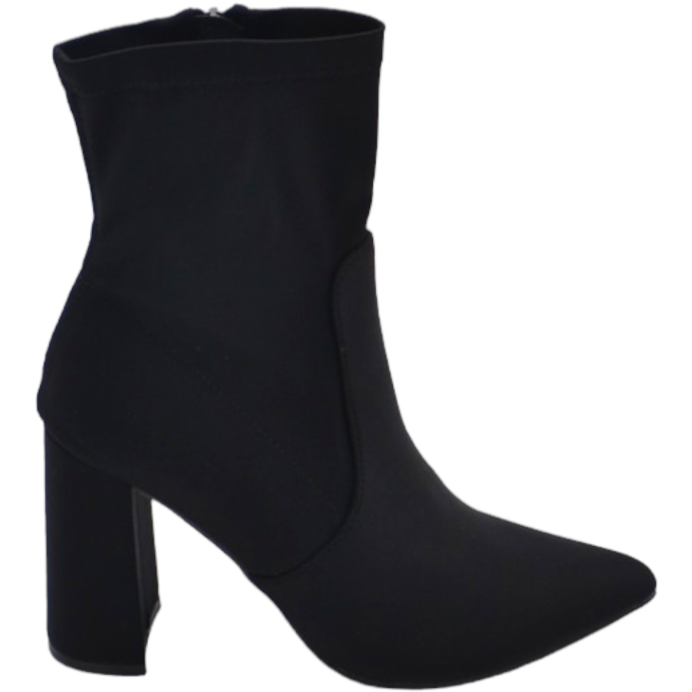 Stivaletti tronchetti donna a punta licra effetto calza nero con tacco largo alto zip aderenti sexy