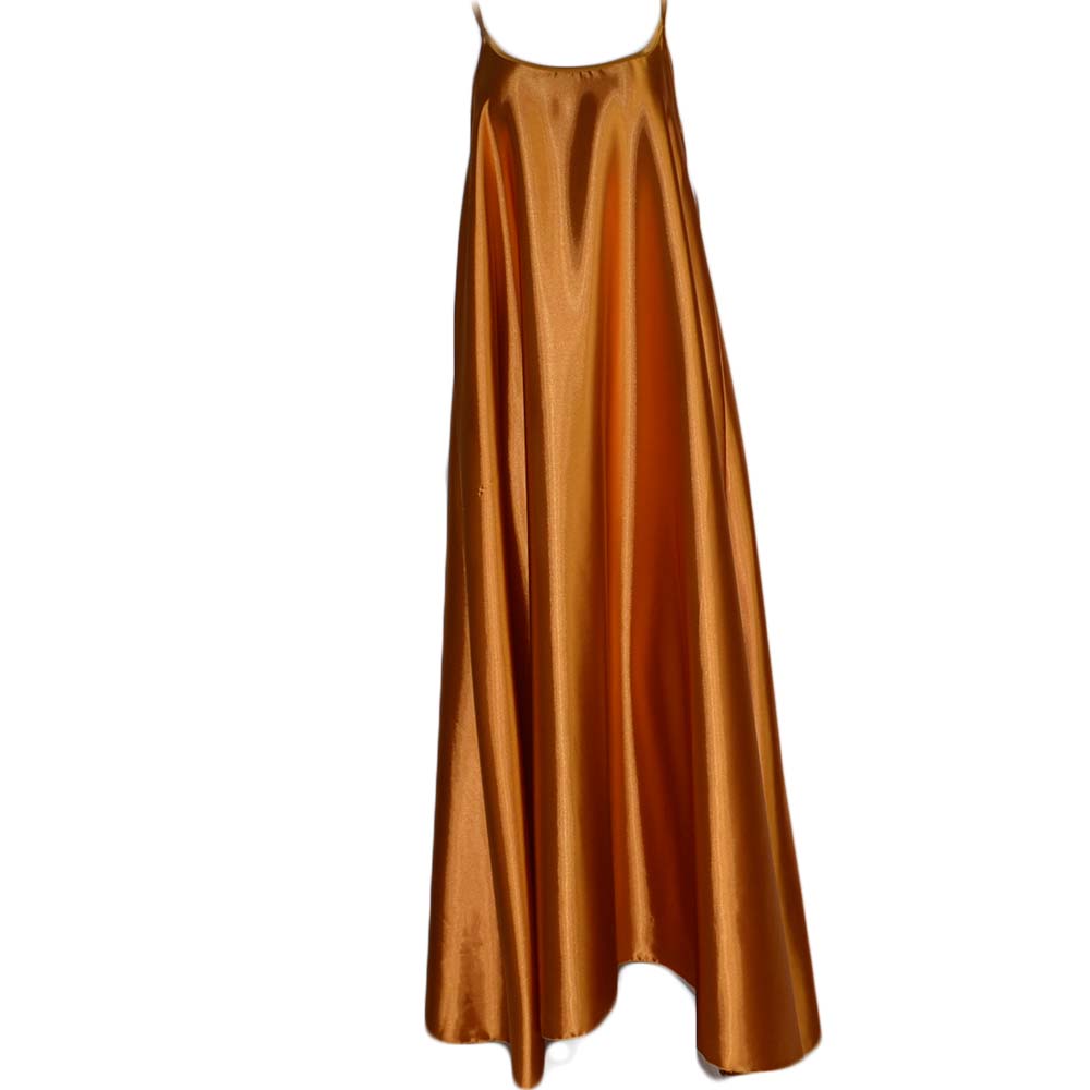 Abito donna lungo morbido in raso senape con spalline sottili scollo tondo moda linea Basic lunghezza caviglia