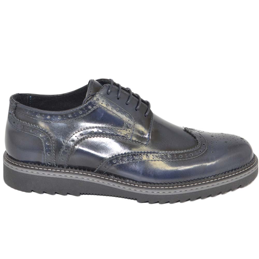 Scarpe francesina uomo stringata vera pelle abrasivato blu suola in gomma light zigrinata alta