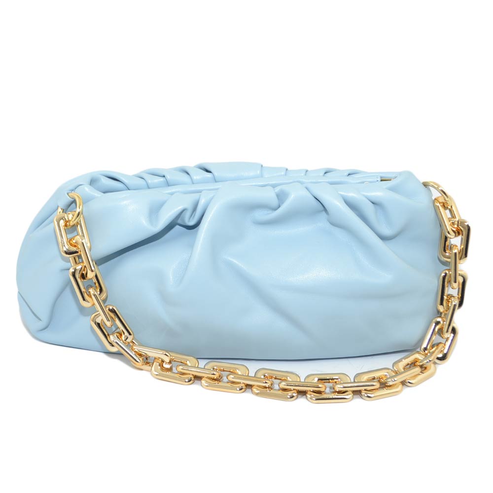 Borsa donna pochette polvere arricciata clutch a mano con catena grande oro tracolla pelle chiusura pluc
