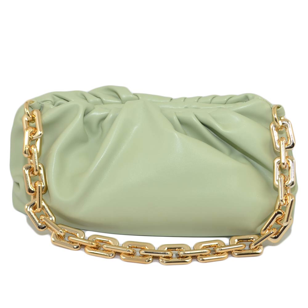 Borsa donna pochette latte e menta verde arricciata clutch a mano con catena grande oro tracolla pelle chiusura pluc