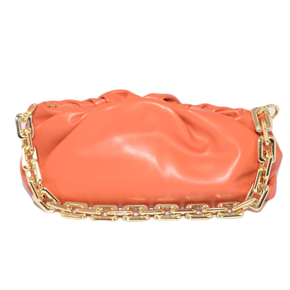 Borsa donna pochette arancione cantalupo arricciata clutch a mano con catena grande oro tracolla pelle chiusura pluc