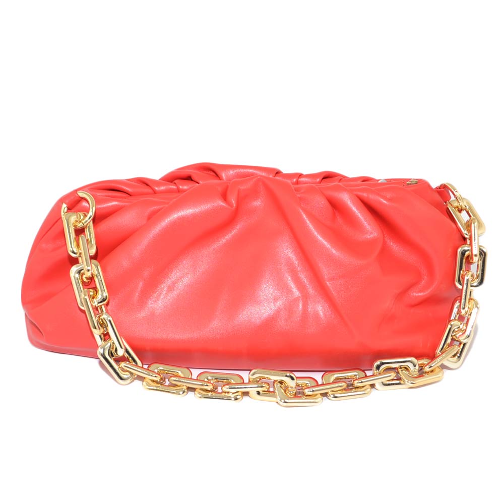 Borsa donna pochette rosso corallo arricciata clutch a mano con catena grande oro tracolla pelle chiusura pluc