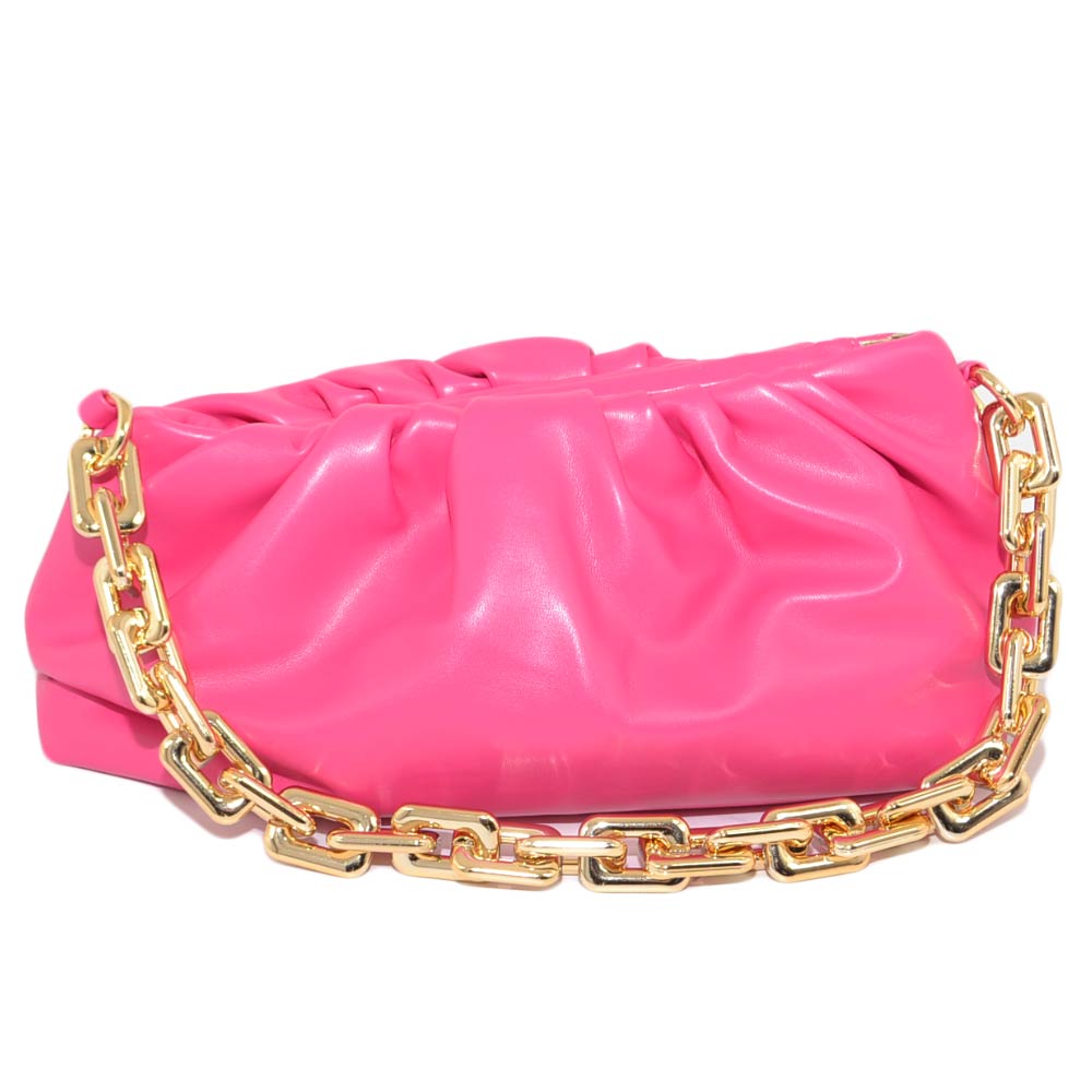 Borsa donna pochette fucsia arricciata clutch a mano con catena grande oro tracolla pelle chiusura pluc