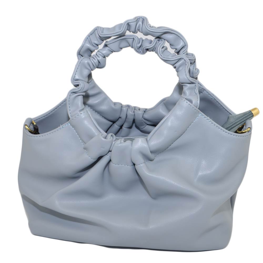 Borsa piccola donna pochette azzurro polvere glicine in pelle liscia con doppio manico arricciato rigido  zip mezzaluna