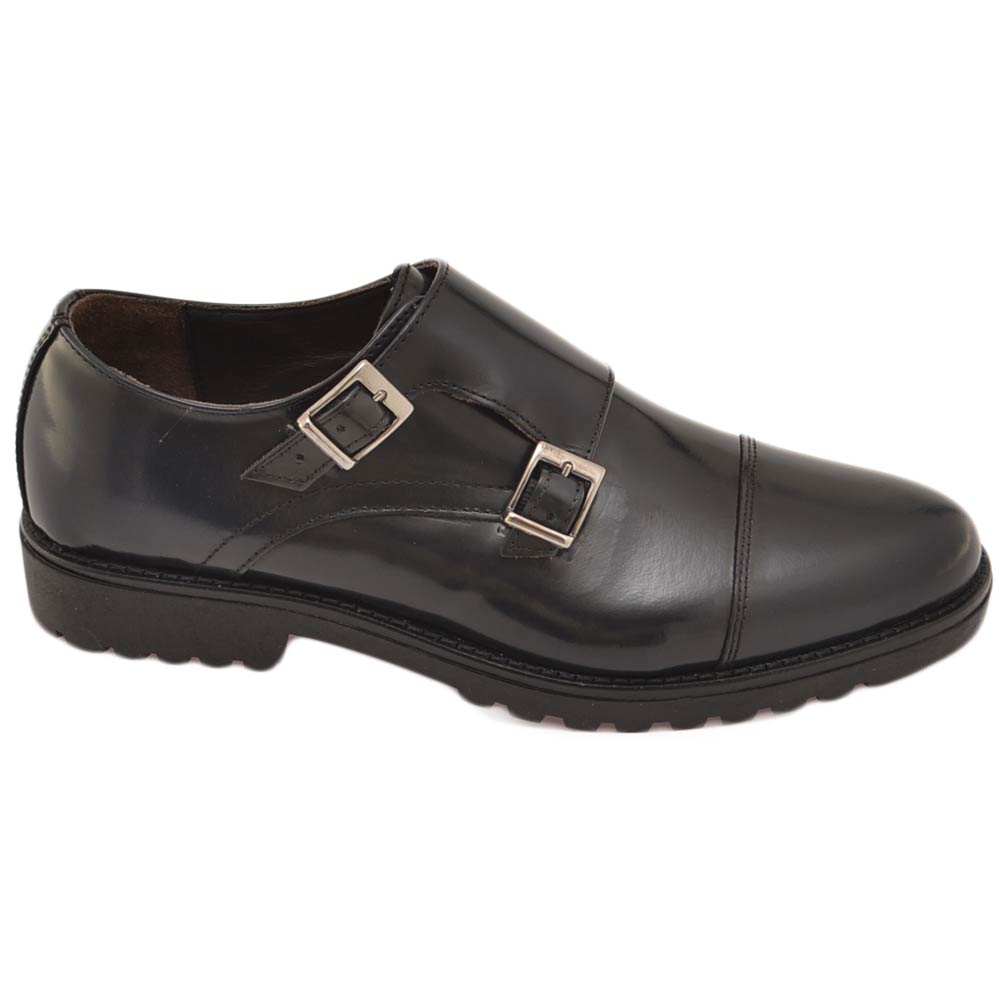 Scarpe uomo doppia fibbia eleganti in vera pelle abrasivata blu fondo gomma roccia made in italy