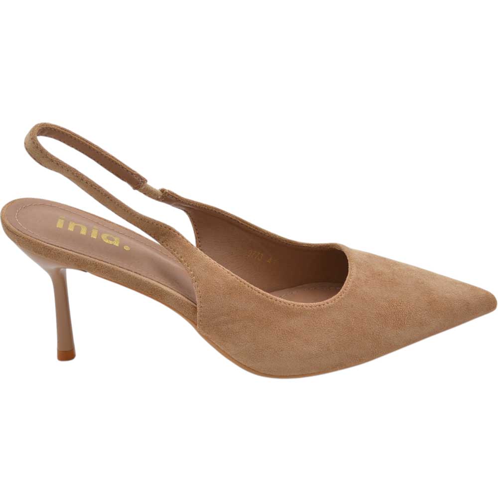 Decollete donna a punta beige camoscio slingback con cinturino tacco a spillo 10 cm.