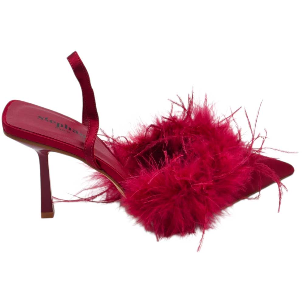 Decollete donna a punta slingback in raso bordeaux con piume tono su tono tacco a clessidra 12 cm.