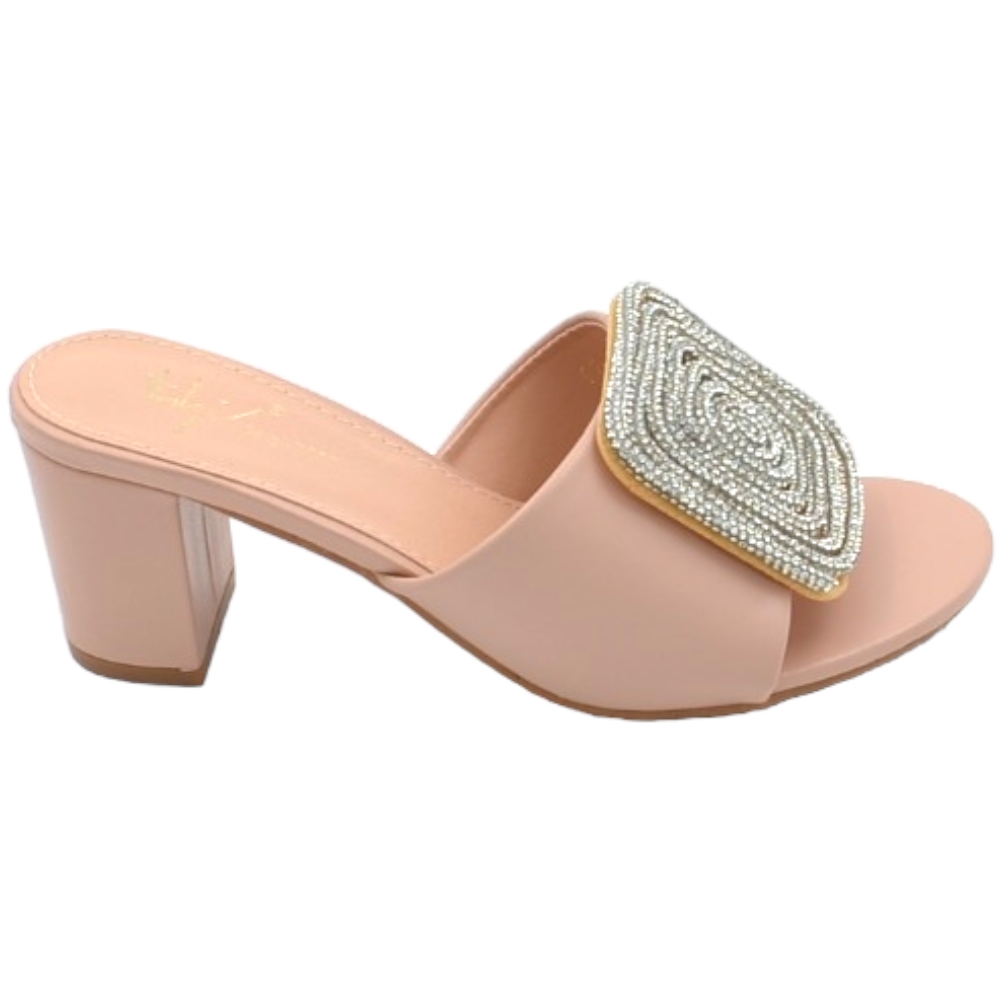 Sandali donna mules pantofola tacco quadrato basso aperto dietro pelle beige nude gioiello quadrato in punta.