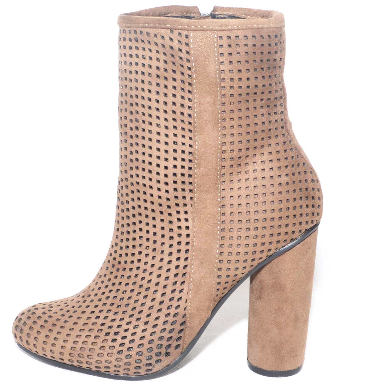 scarpe donna tronchetti donna tortora traforato in camoscio tacco largo con elastina e zip