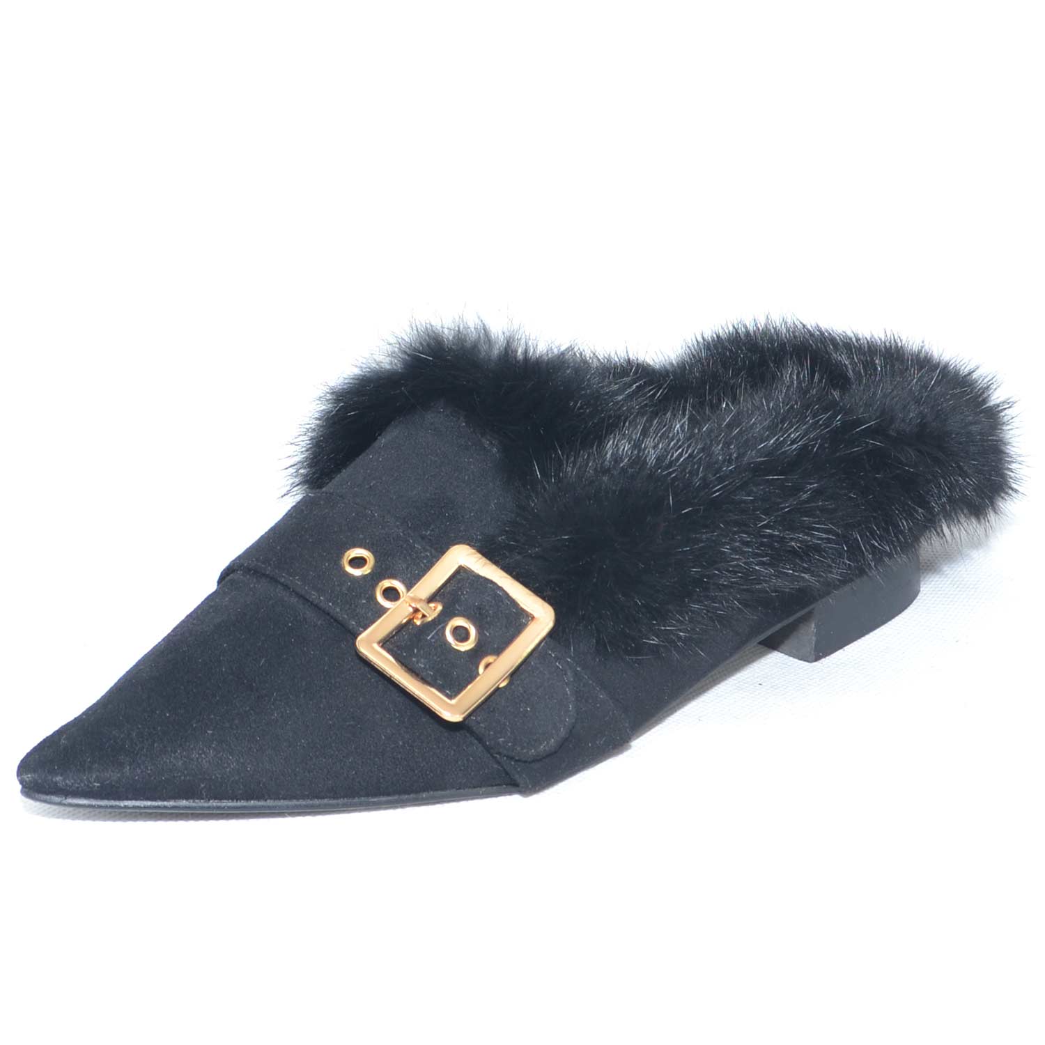 Mocassino donna a sabot con punta e pelliccia interna modello pantofolina con fibbia dorata
