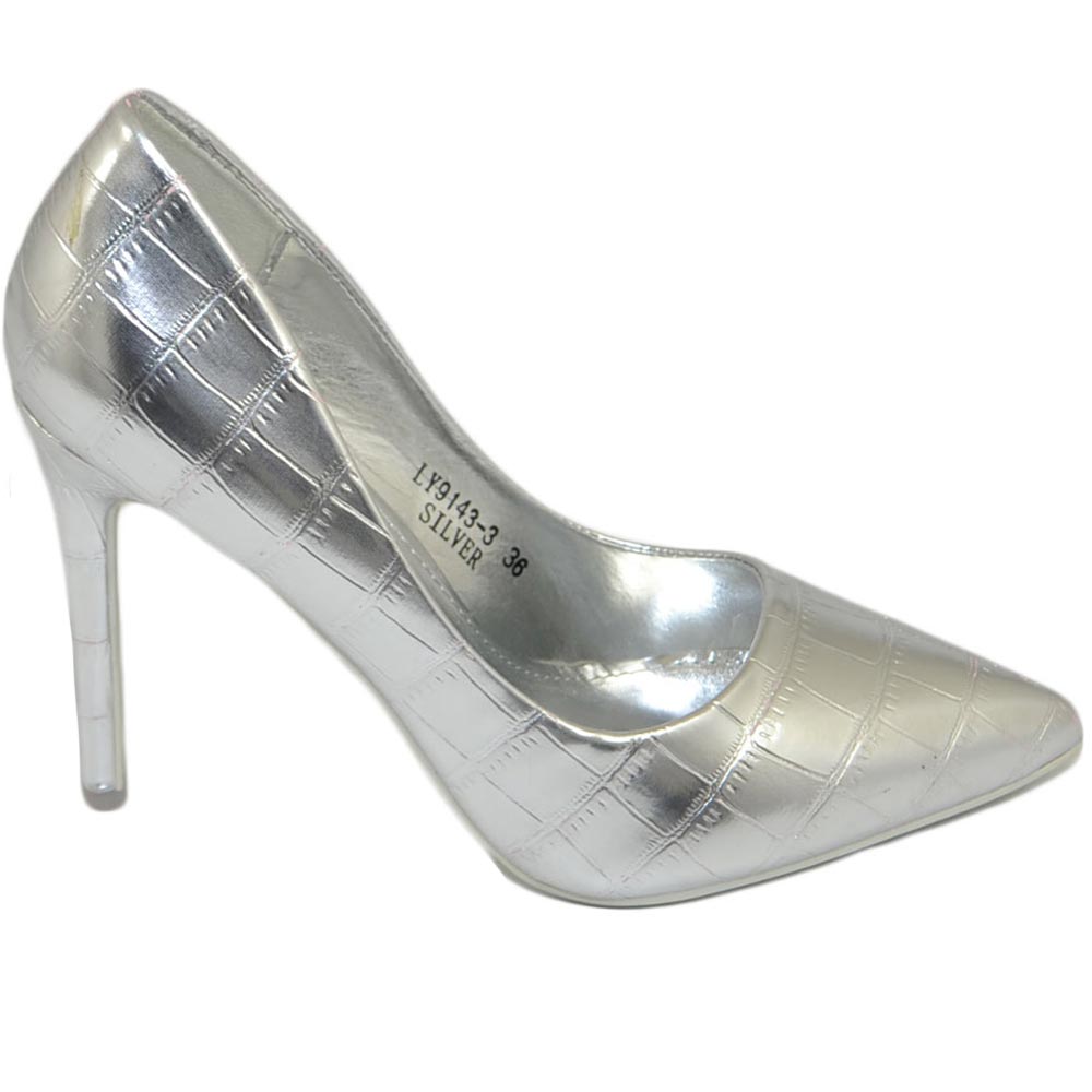 Scarpe donna decollete a punta elegante in pelle cocco argento tacco a spillo 12 cm moda evento.