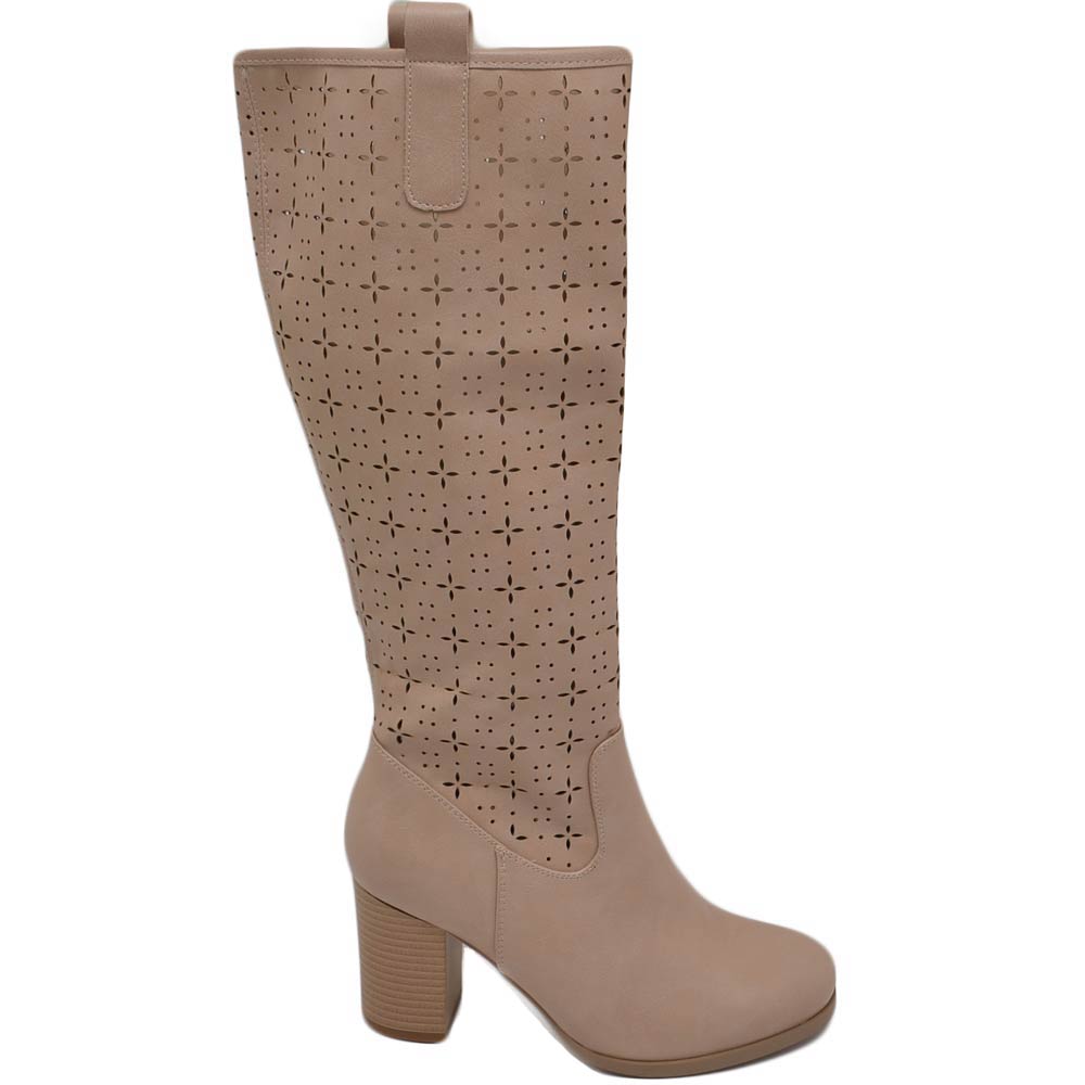 Stivale estivo donna beige traforato con zip tacco alto largo 9 cm comodo al ginocchio punta tonda.