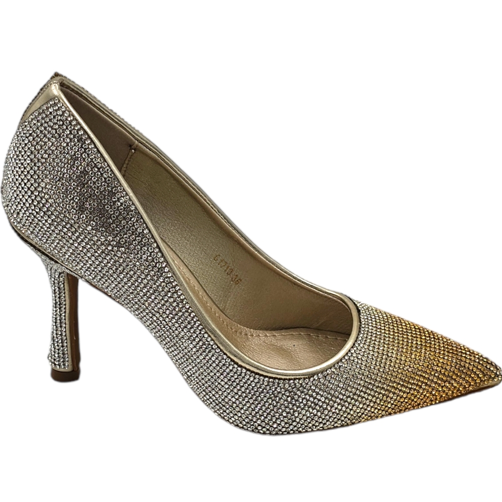 Scarpe decollete donna eleganti oro dorato con brillantini degrade argento tacco martini 10 cm.