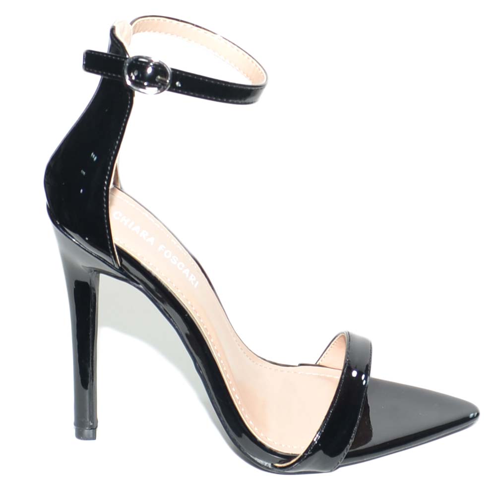 Sandalo donna nero lucido con tacco a spillo cinturino alla caviglia moda elegante fondo a punta