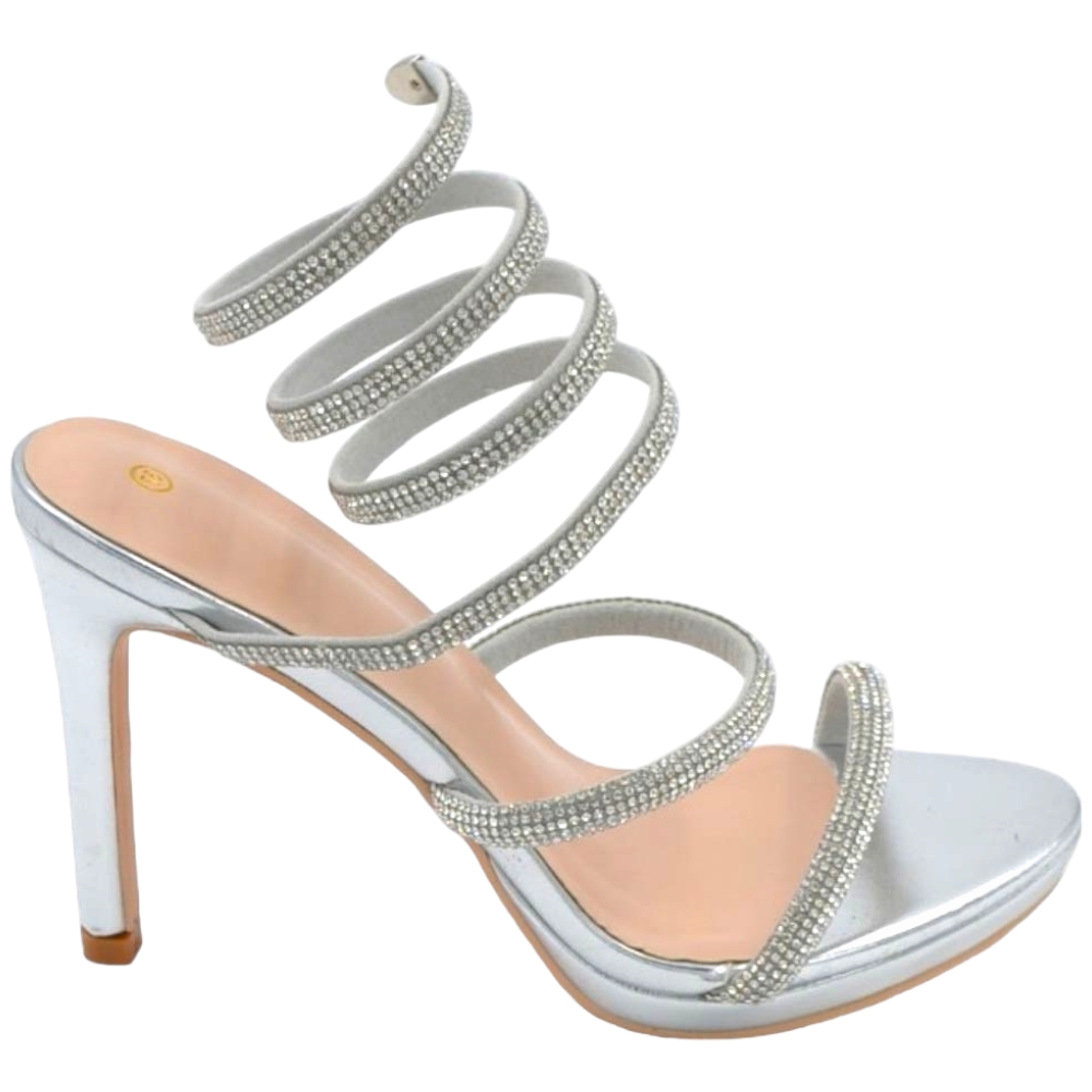 Sandali donna gioiello argento tacco 12 cm e plateau serpente rigido si attorciglia alla gamba regolabile brillantini