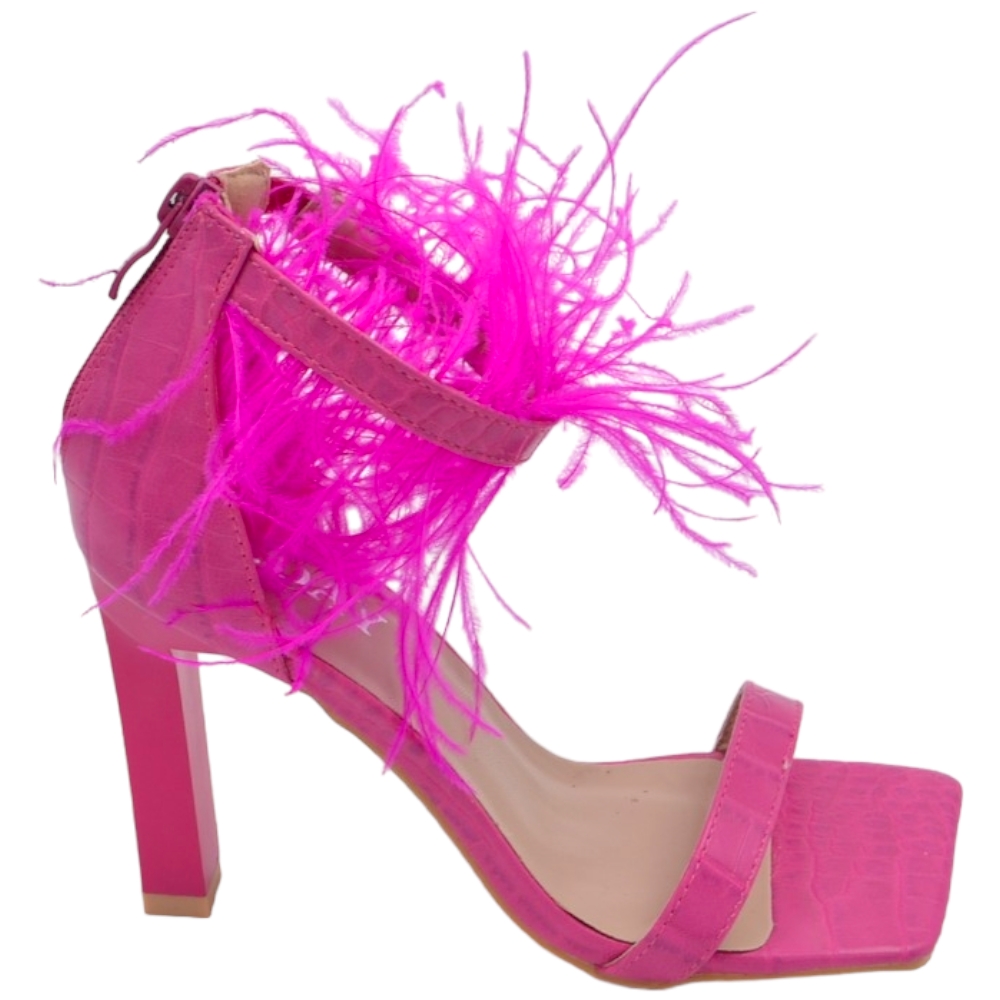 SANDALI TACCO DONNA IN PELLE STAMPA COCCO FUCSIA CON FASCETTE PIUME TACCO DOPPIO 12CM CHIUSURA ZIP