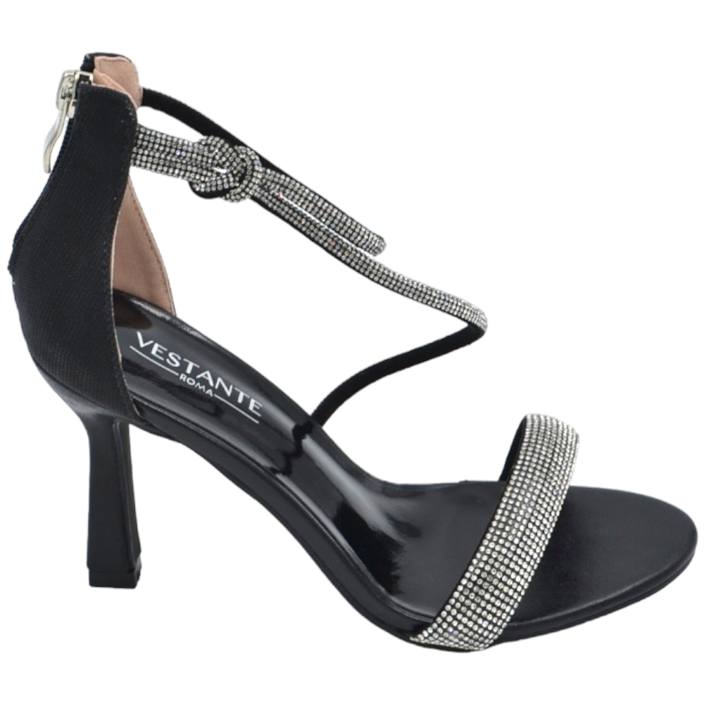Sandali gioiello donna nero in vernice con strass chiusura alla caviglia tacco a spillo 10 cm elegante .