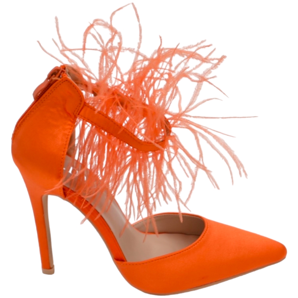 DECOLLETE DONNA A PUNTA IN RASO SEMILUCIDO ARANCIONE LISCIO CON PIUME TACCO SOTTILE 12CM ADERENTE CHIUSURA ALLA CAVIGLIA