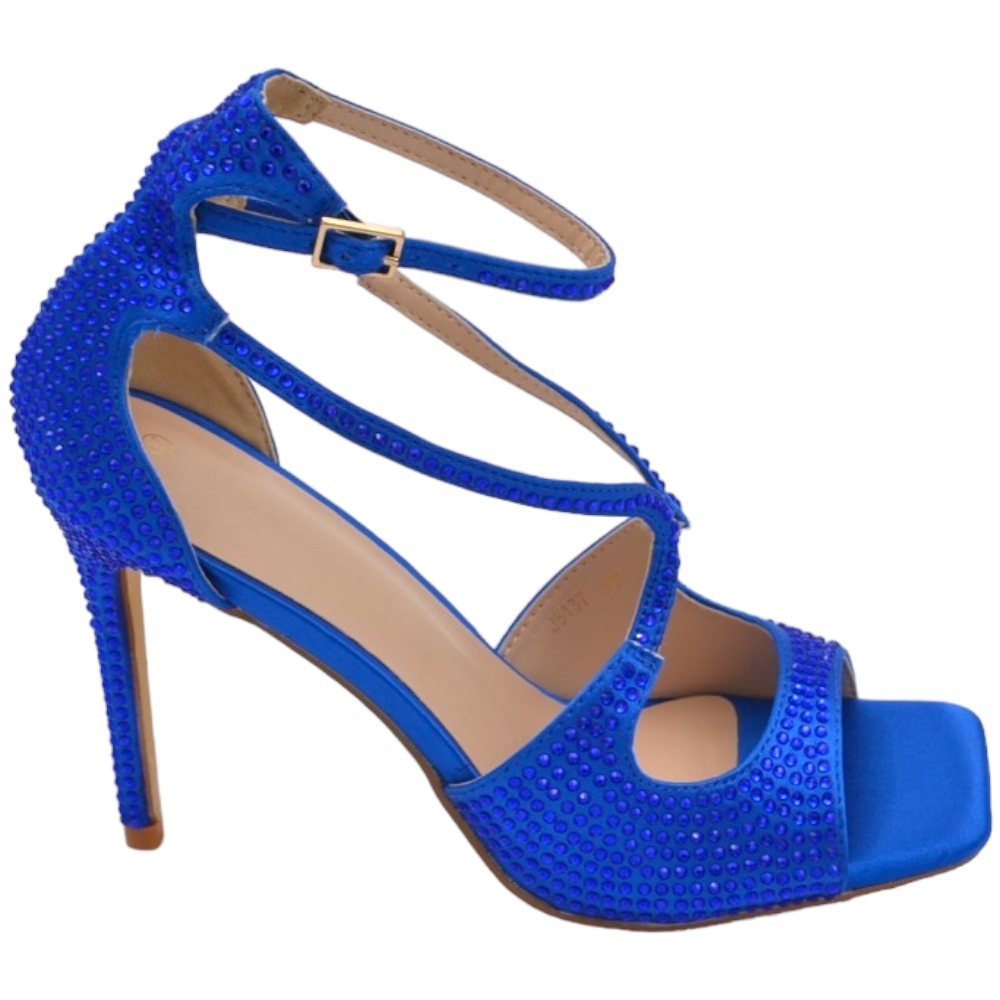 Sandali tacco donna fascette in tessuto blu e strass tono su tono cinturino alla caviglia tacco a spillo comodo 12cm.