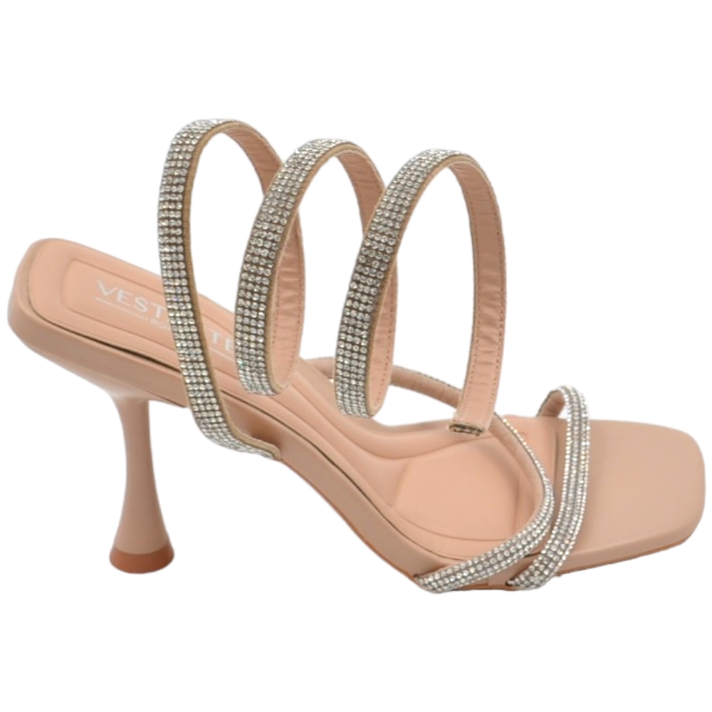 Sandalo alto donna beige con strass tacco a clessidra 10 cm cinturino rigido regolabile alla caviglia basic cerimonia.