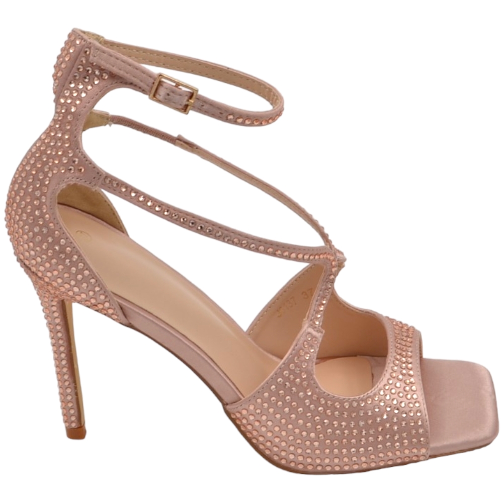 Sandali tacco donna fascette in tessuto oro rosa strass tono su tono cinturino alla caviglia tacco a spillo comodo 12cm