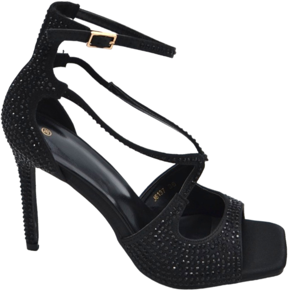 Sandali tacco donna fascette in tessuto nero e strass tono su tono cinturino alla caviglia tacco a spillo comodo 12cm
