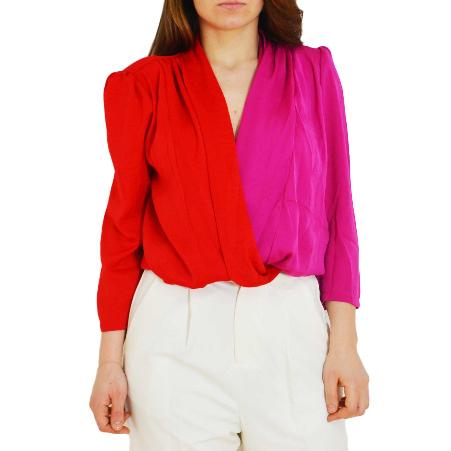 Camicia donna a body bicolore rosso e fucsia con spalline interne annui 30  e scollo a V moda glamour