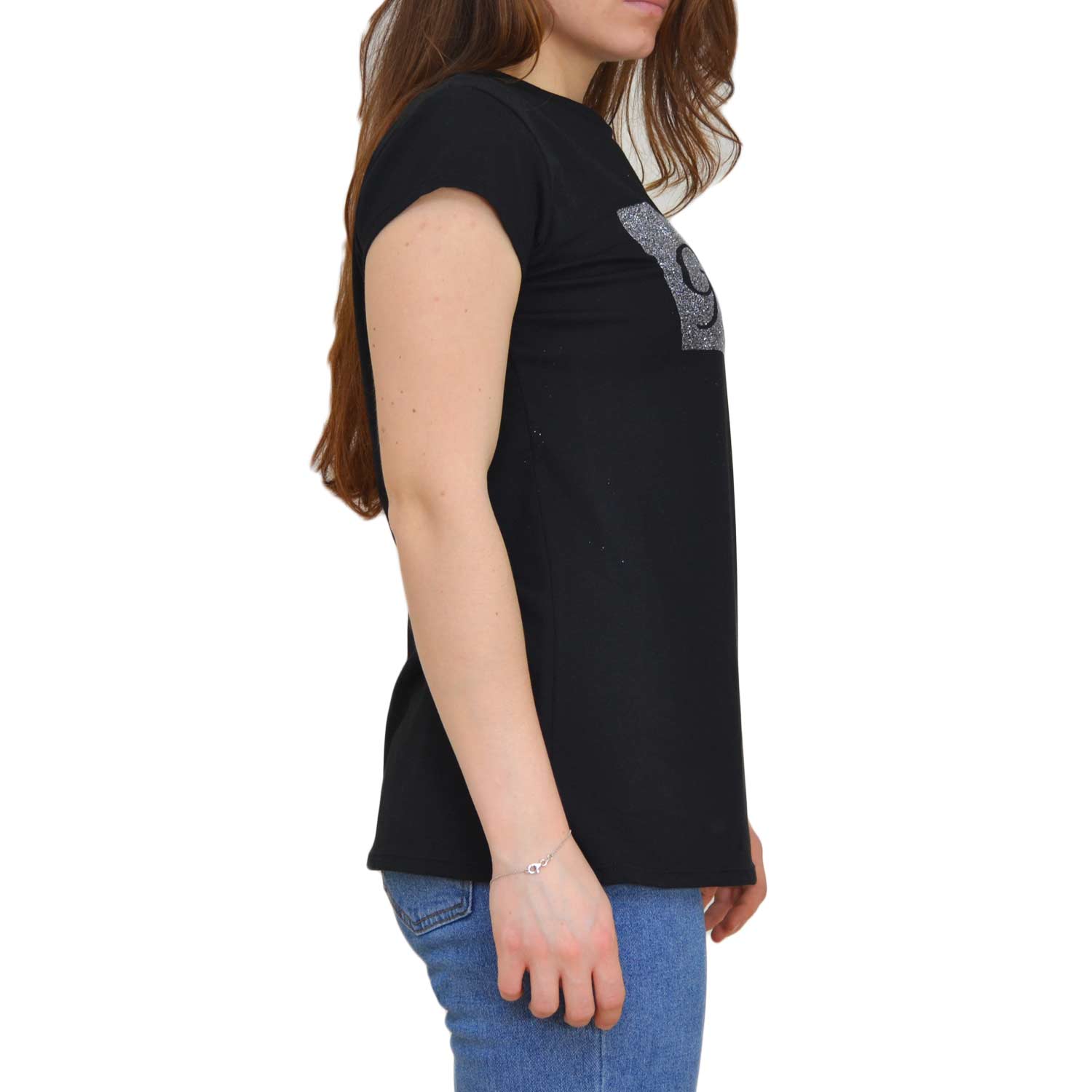 Tshirt donna nera con scritta ARGENTO GLAMOMOUR basic moda estate 2018
