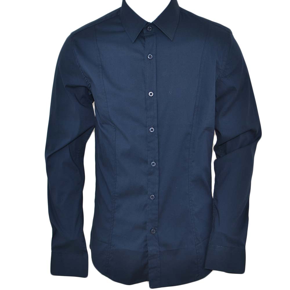 Camicia uomo slim cotone blu petrolio collo rigido manica lunga basic made in italy