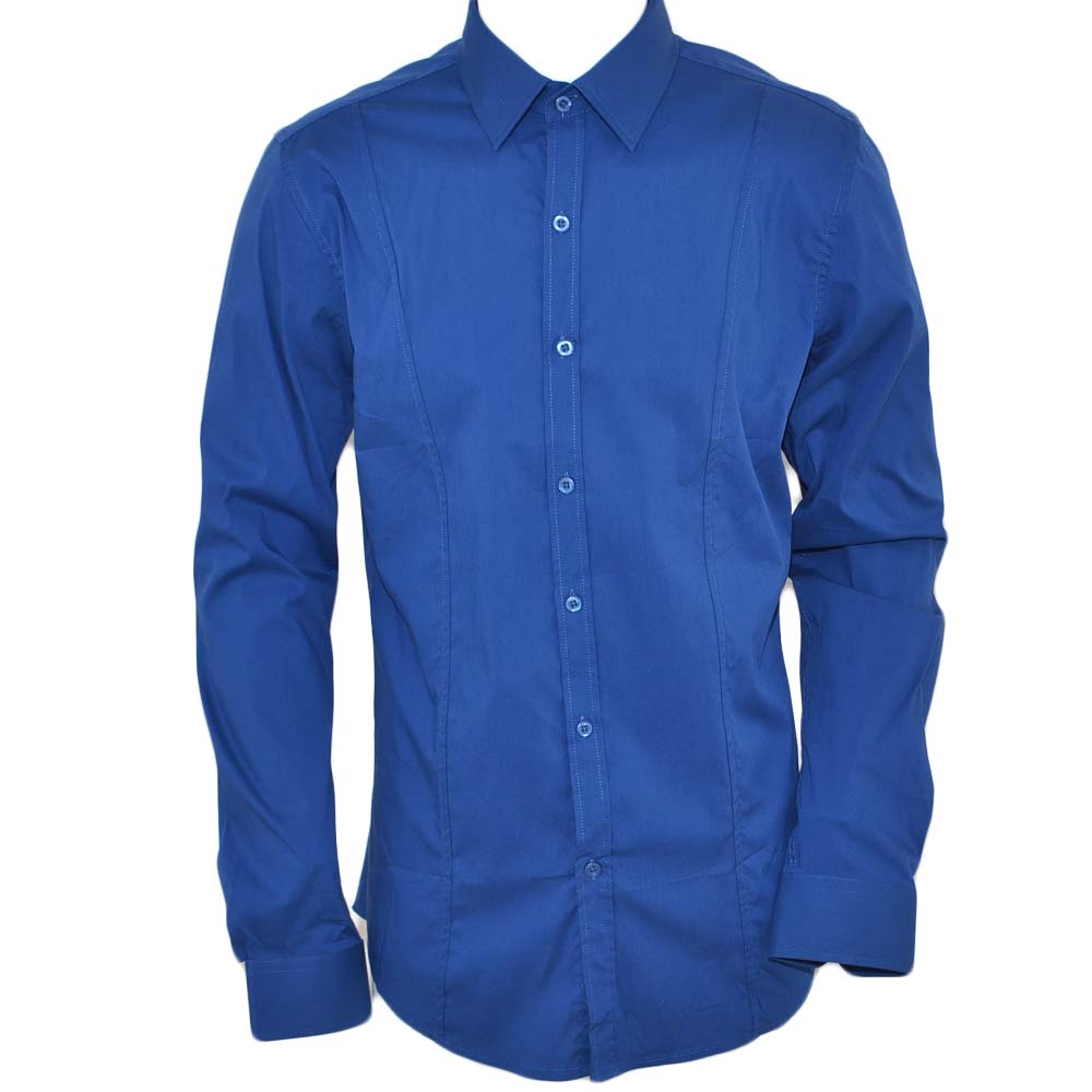 Camicia uomo cotone blu collo rigido manica lunga tinta unita chiusura bottoni