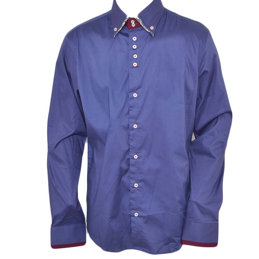 Camicia uomo cotone celeste scuro collo rigido e collo e maniche con fantasie manica lunga basic