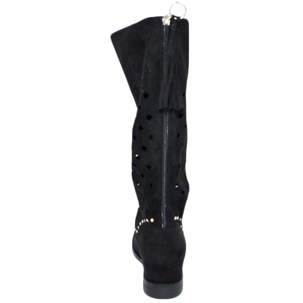 Stivali Donna Estivi Alti Scamosciati Nero Morbidi Con Zeppa Para Interna Traforati Con Zip E Borchie Moda