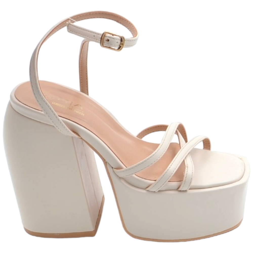 Zeppa donna Sandalo platform in pelle beige con plateau alto 5 cm e tacco grosso 15 cm cinturino sottile alla caviglia