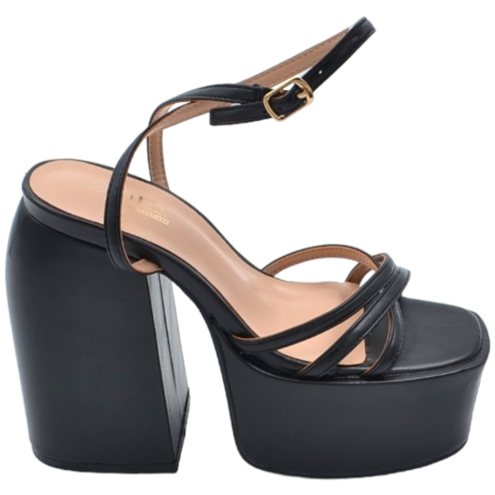 Zeppa donna sandalo platform in pelle nero con plateau alto 5 cm e tacco grosso 15 cm cinturino sottile alla caviglia.
