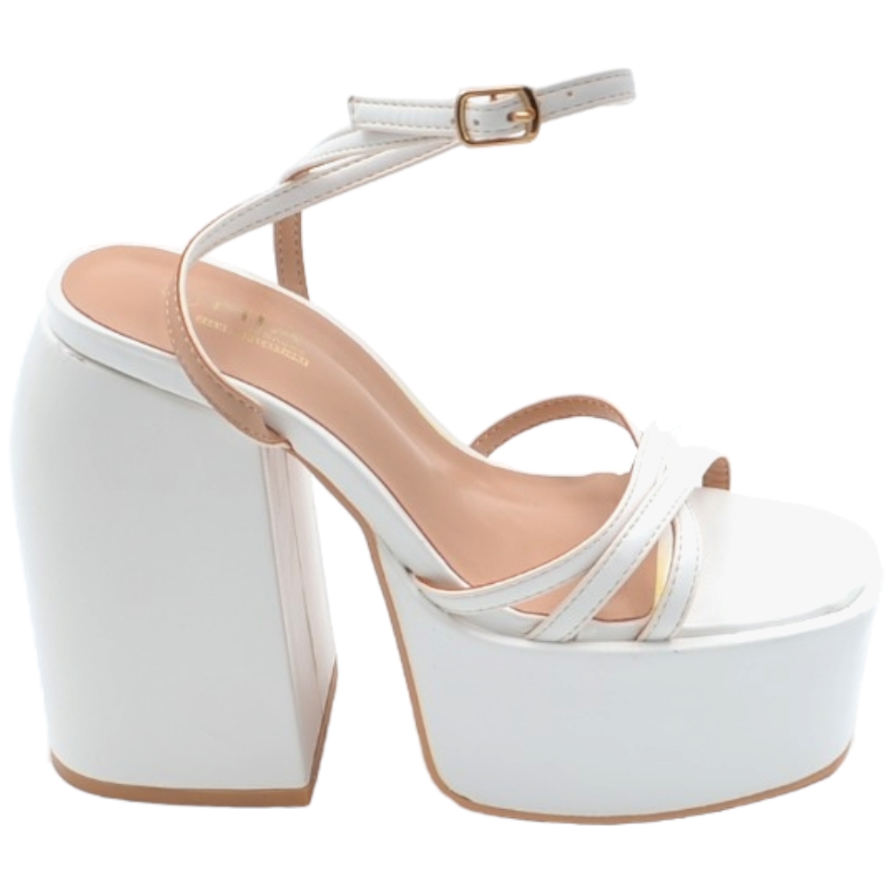 Zeppa donna Sandalo platform in pelle bianco con plateau alto 5 cm e tacco grosso 15 cm cinturino sottile alla caviglia.