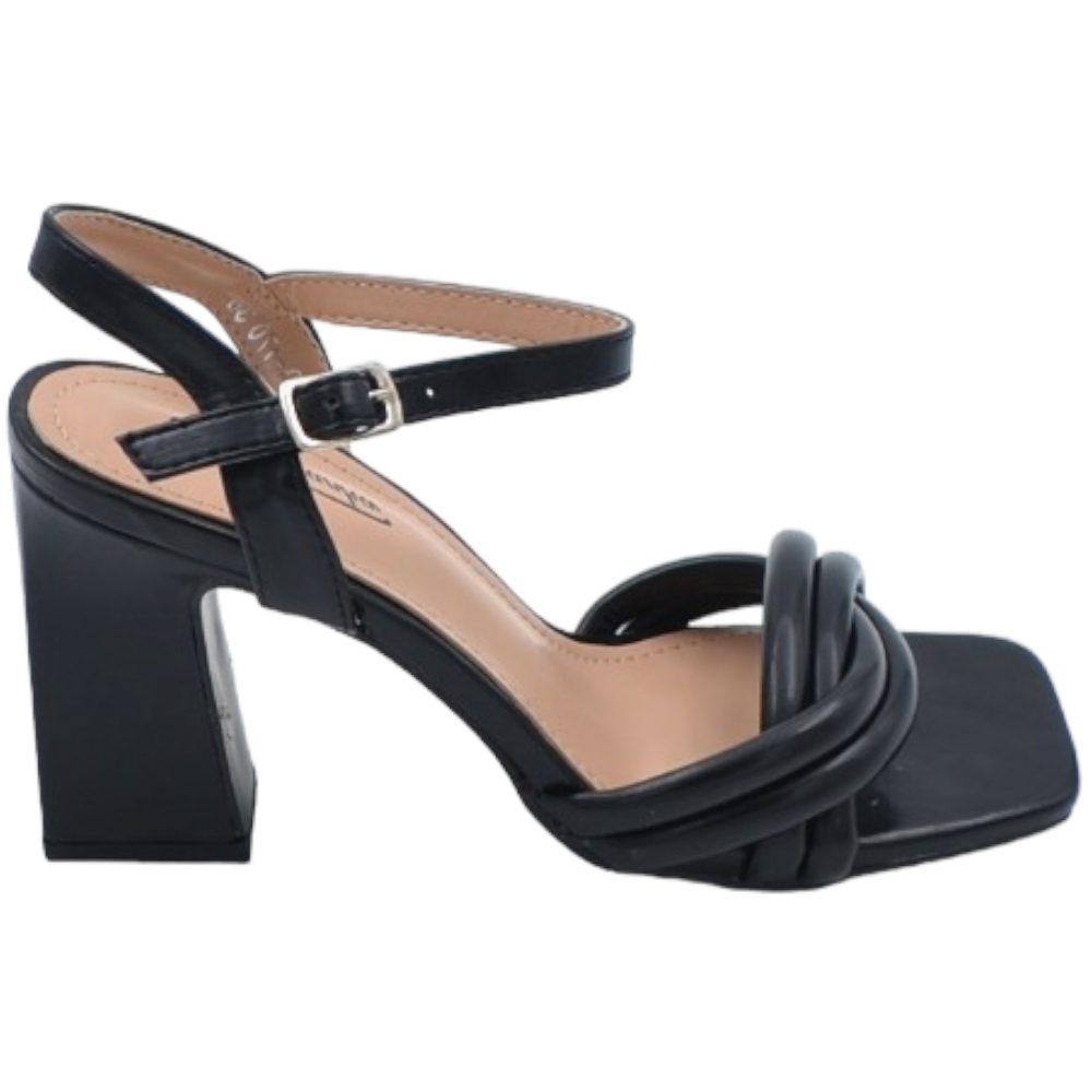 Sandalo alto donna nero pelle open toe tacco doppio 8 cm cinturino alla caviglia regolabile fascia intrecciata avampiede.