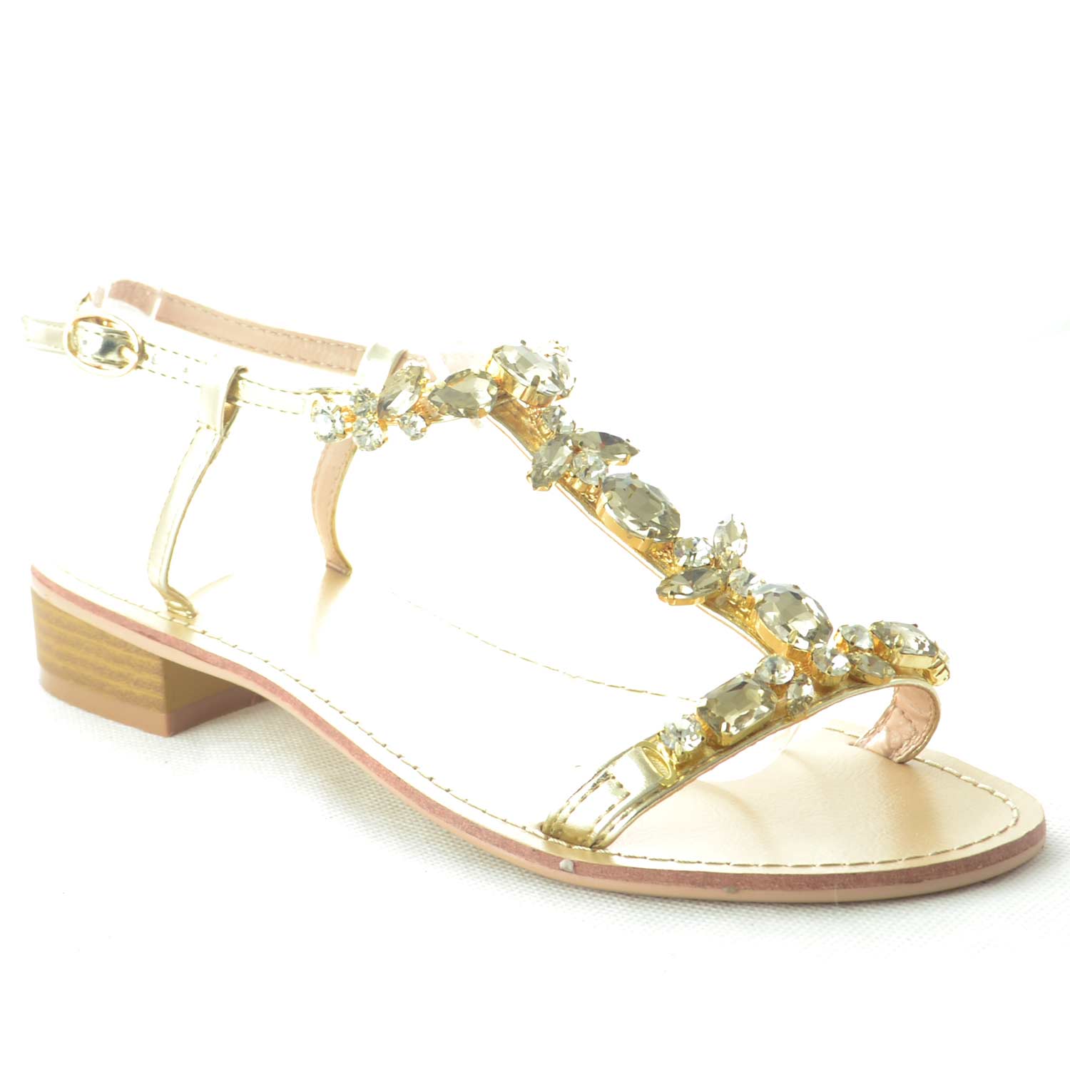 SANDALO GIOIELLO  DONNA TACCO BASSO  FASCETTA STRASS ORO GLAMOUR CHIC
