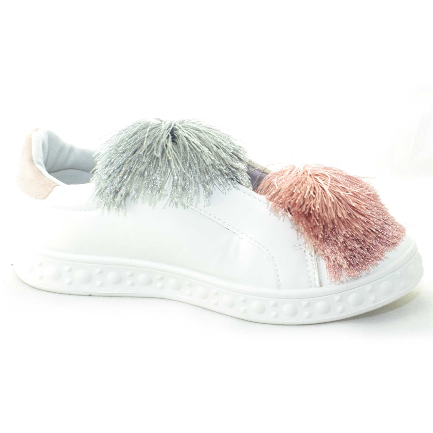 scarpe donna sneakers bassa bianco femminili pelle con applicazioni colorate simil pon pon fondo liscio glamour
