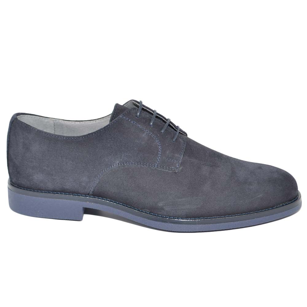 Scarpe uomo stringate art.014 vera pelle scamosciata blu made in italy fondo antiscivolo gomma light cerimonia elegante 