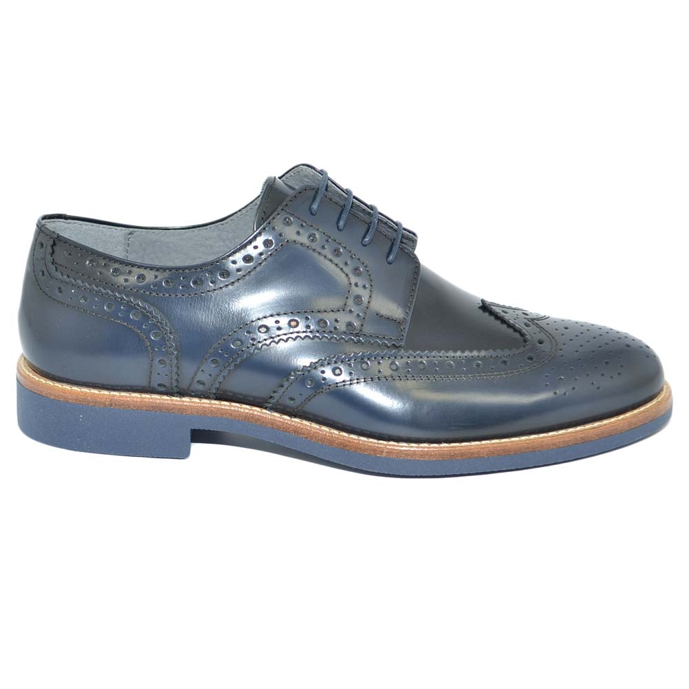 Scarpa uomo stringata francesizz vera pelle abrasivata spazzolata blu con gomma light intersuola cuoio handmade in italy