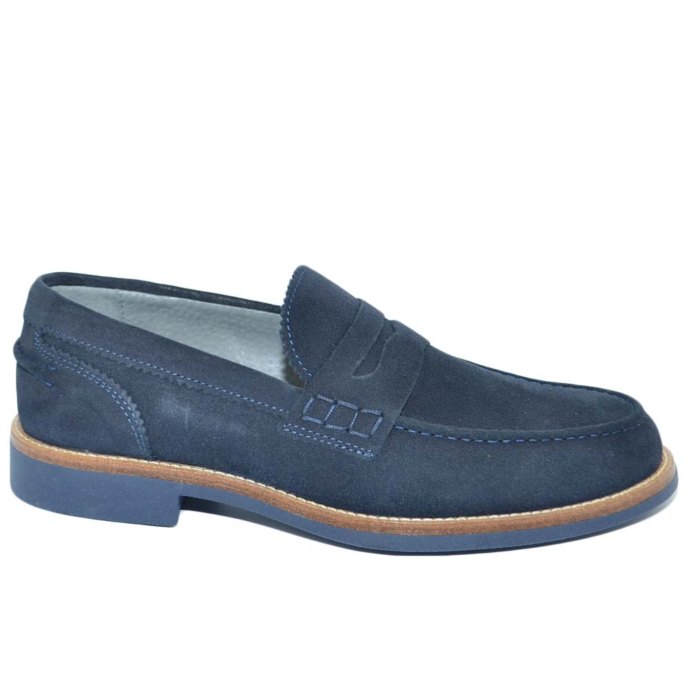 College uomo inglese mocassino blu vera pelle scamosciata fondo gomma light estivo intersuola cuoio handmade in italy