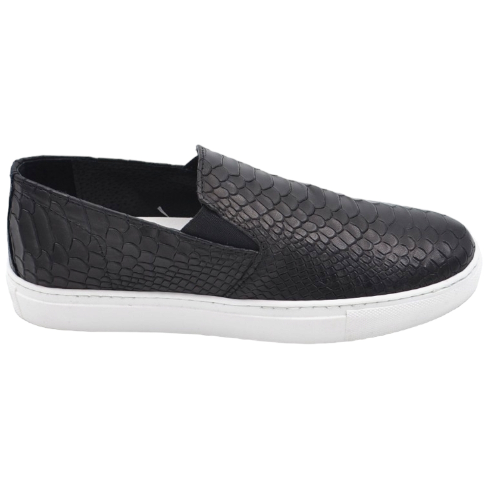 Scarpe mocassino uomo slip on in vera pelle intrecciata nel e suola in gomma bianca elastico laterale 