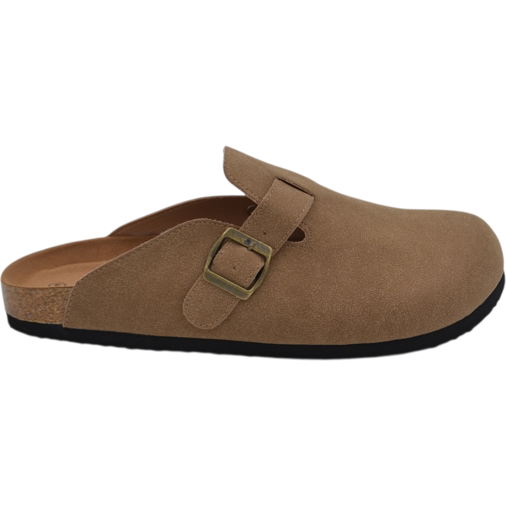 Sandali Ciabatte sabot unisex effetto camoscio beige con fibbia regolabile e plantare anatomico.