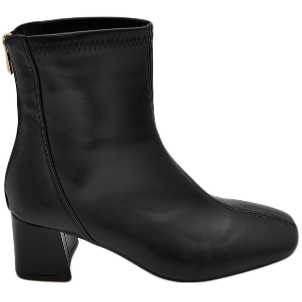 Stivaletto tronchetto donna in pelle nero punta quadrata tacco largo comodo 4 cm zip laterale aderente effetto calzino.