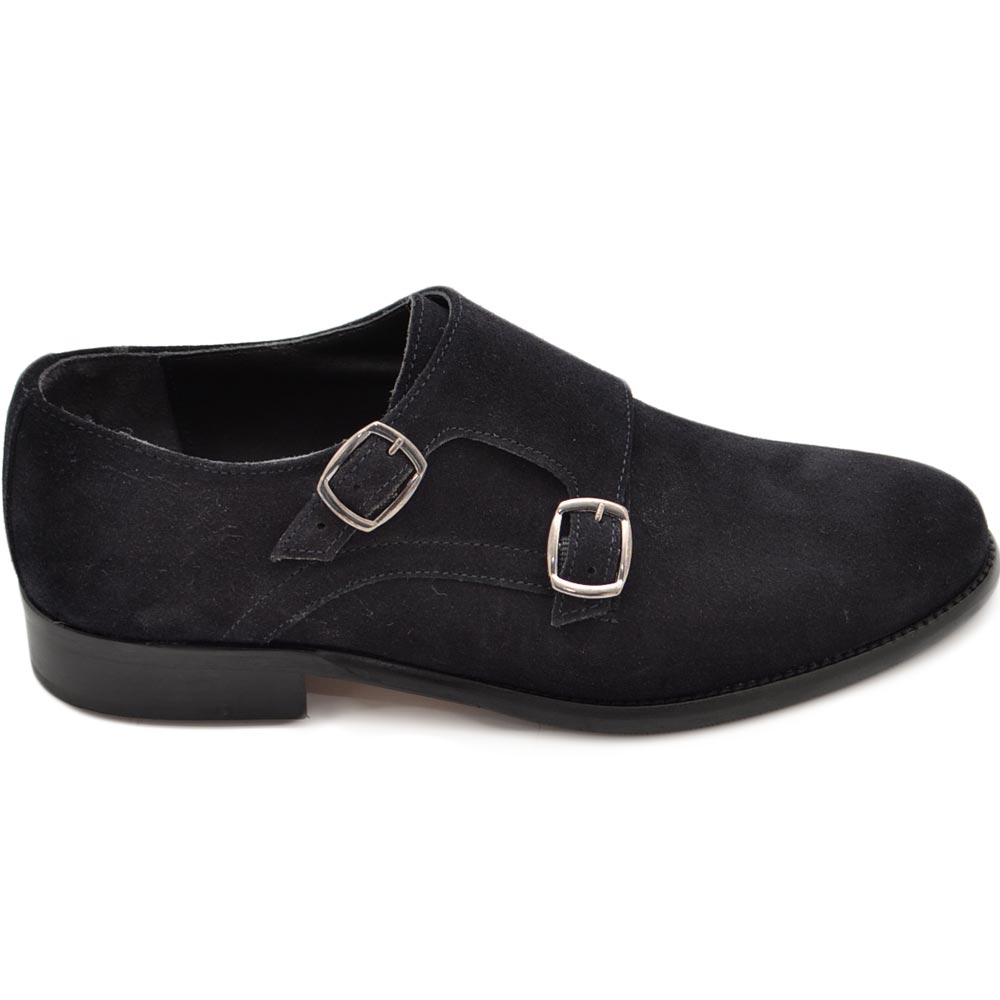 Scarpe uomo doppia fibbia eleganti vera pelle scamosciata blu suola vero cuoio con antiscivolo handmade in italy