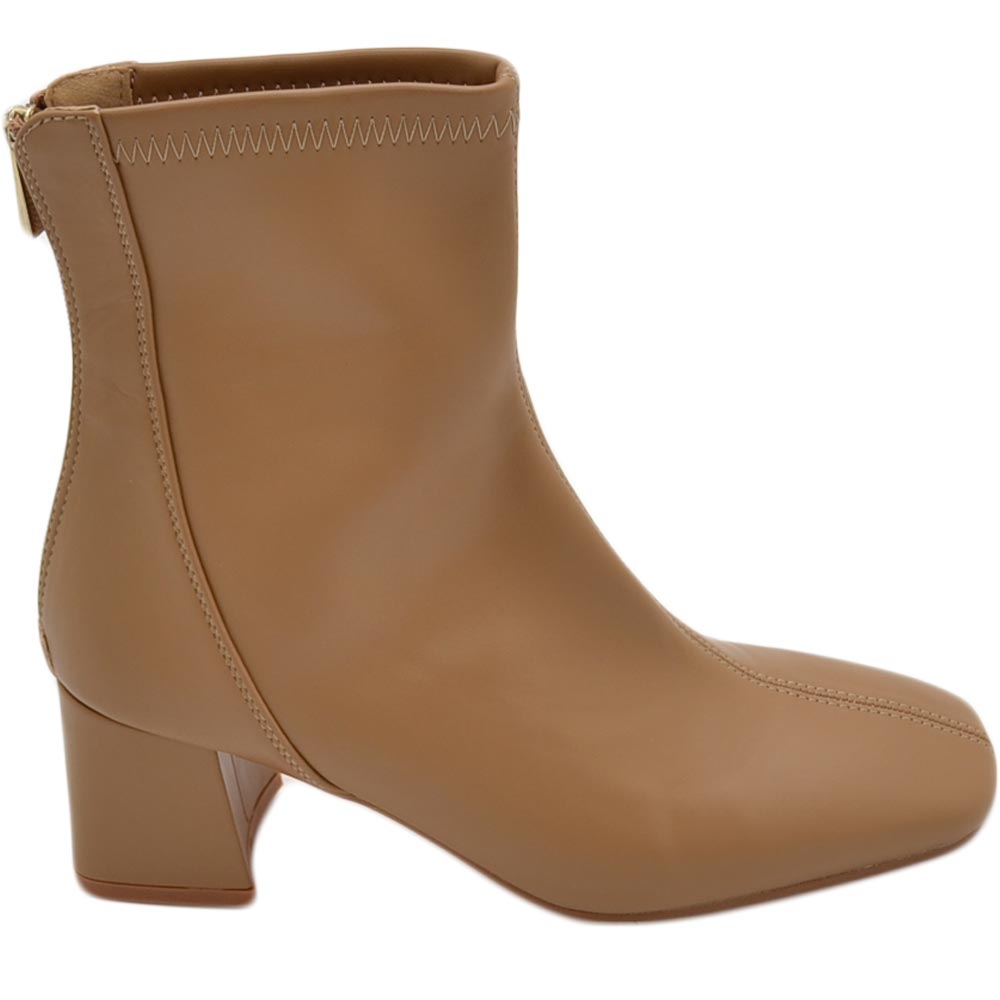 Stivaletto tronchetto donna in pelle nude punta quadrata tacco largo comodo 4 cm zip laterale aderente effetto calzino.