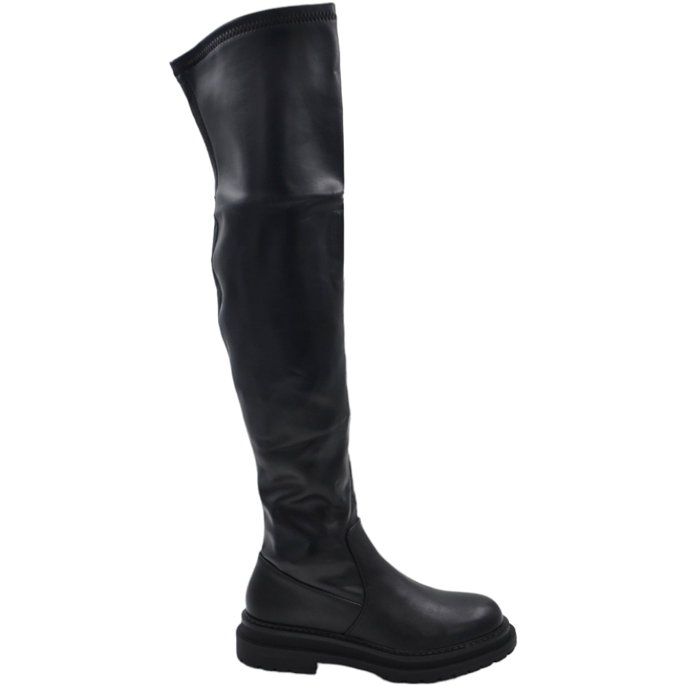 Stivali combat pelle nero con zeppa carrarmato 3 cm alti al ginocchio scollo retro gambale morbido aderente