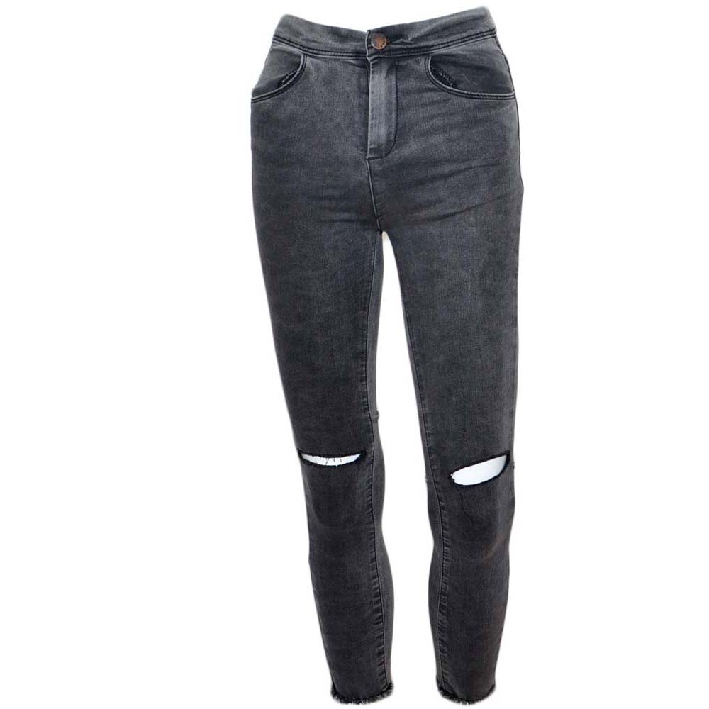 Jeggins donna skinny jeans elastizzato vita alta lavaggio scuro denim nero strappo ginocchio superaderenti pushup
